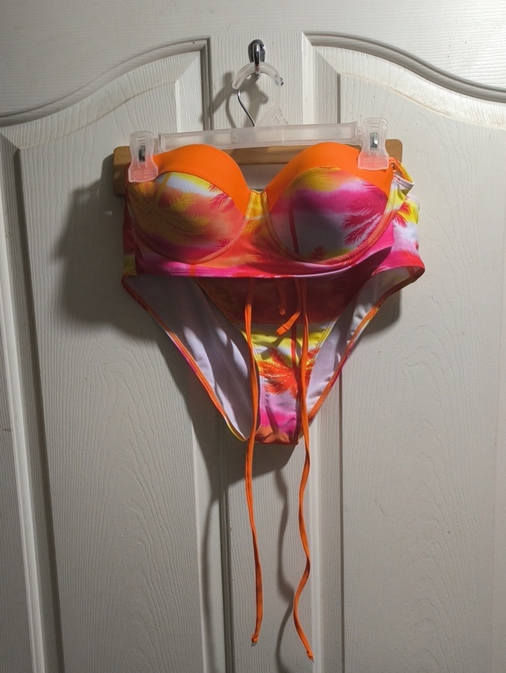 Neon Orange & Pink Palm Print Strapless Bikini Set